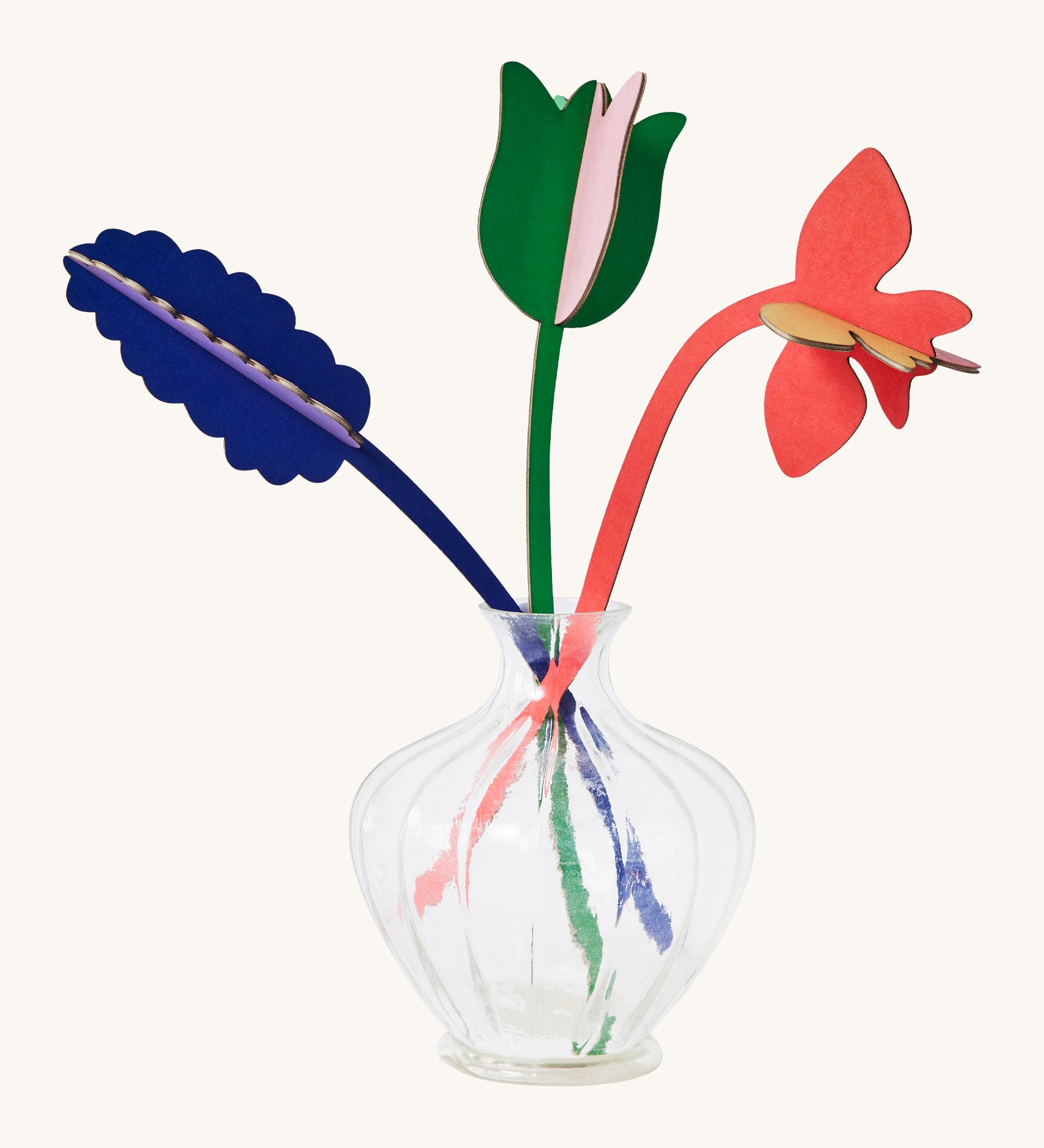 Studio Roof cardboard bouquet in Spring time surprise colour way available at Babipur. A DIY kit made from cardboard in a shape of different coloured flowers displayed in a glass vase