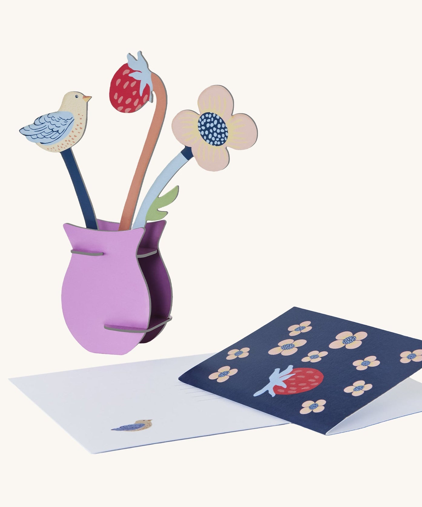 Studio Roof Cardboard Pop Out Card showing William Morris inspired Flowers standing next to a matching greetings card