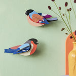 The Studio Roof Finches Cardboard bird Models, on a pale green background. On the right hand side of the image is a yellow and orange vase with delicate plant stems inside. The vase is sat on a light grey shelf