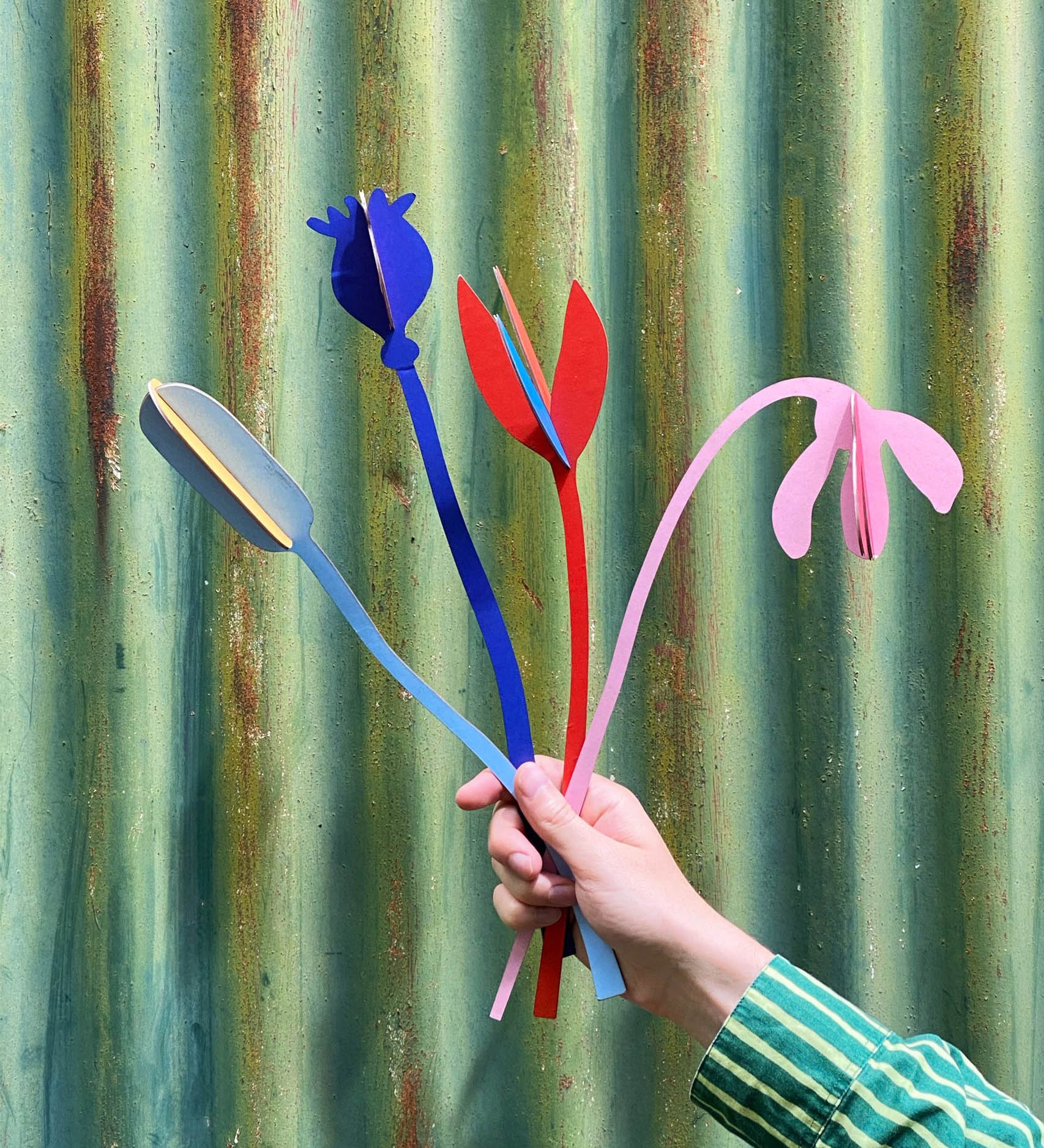  A hand holding a bunch of the Studio Roof cardboard bouquet from the giant set showing scale. This set is available at Babipur.