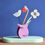 The Studio Roof Cardboard Pop Out Card - William Morris Flowers on a green painted base and a blue and peach background