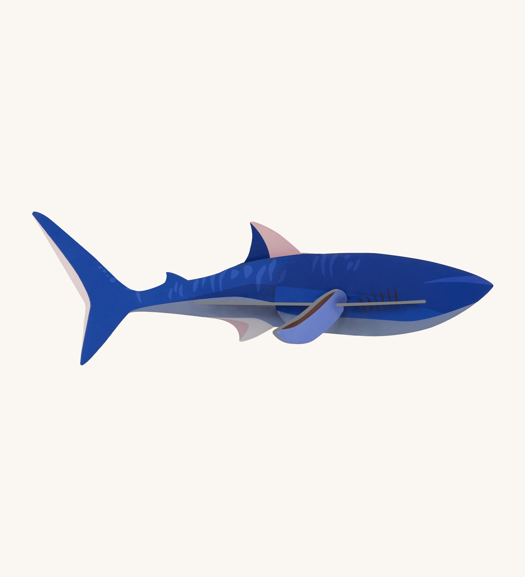 Studio Roof shark wall decoration available at Babipur. A thick blue cardboard shark DIY kit to hang on a wall