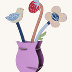Studio Roof Cardboard Pop Out Card - William Morris Flowers on a cream background. The image shows a constructed 3D cardboard vase with a cardboard pop out flower, strawberry and bird inside the vase