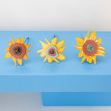 The Studio Roof Cardboard Bouquet - Van Gogh Sunflowers laid down on a blue table with the flower heads being the main focus point of the picture