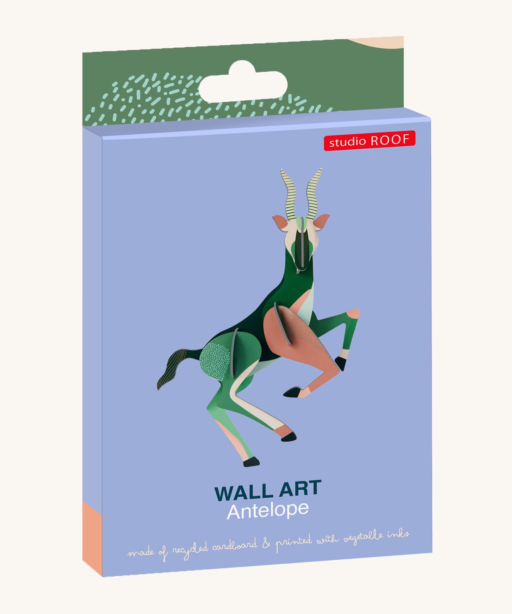 Studio Roof Antelope - 3D Cardboard Model in its colourful packaging.