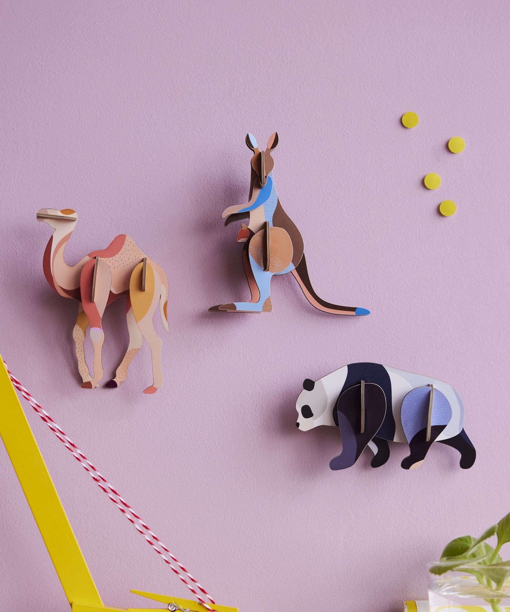 3 Studio Roof 3D Cardboard Models of Wildlife Animals on a lilac wall - the Camel, Kangaroo and the Panda. They are surrounded by decorative objects.