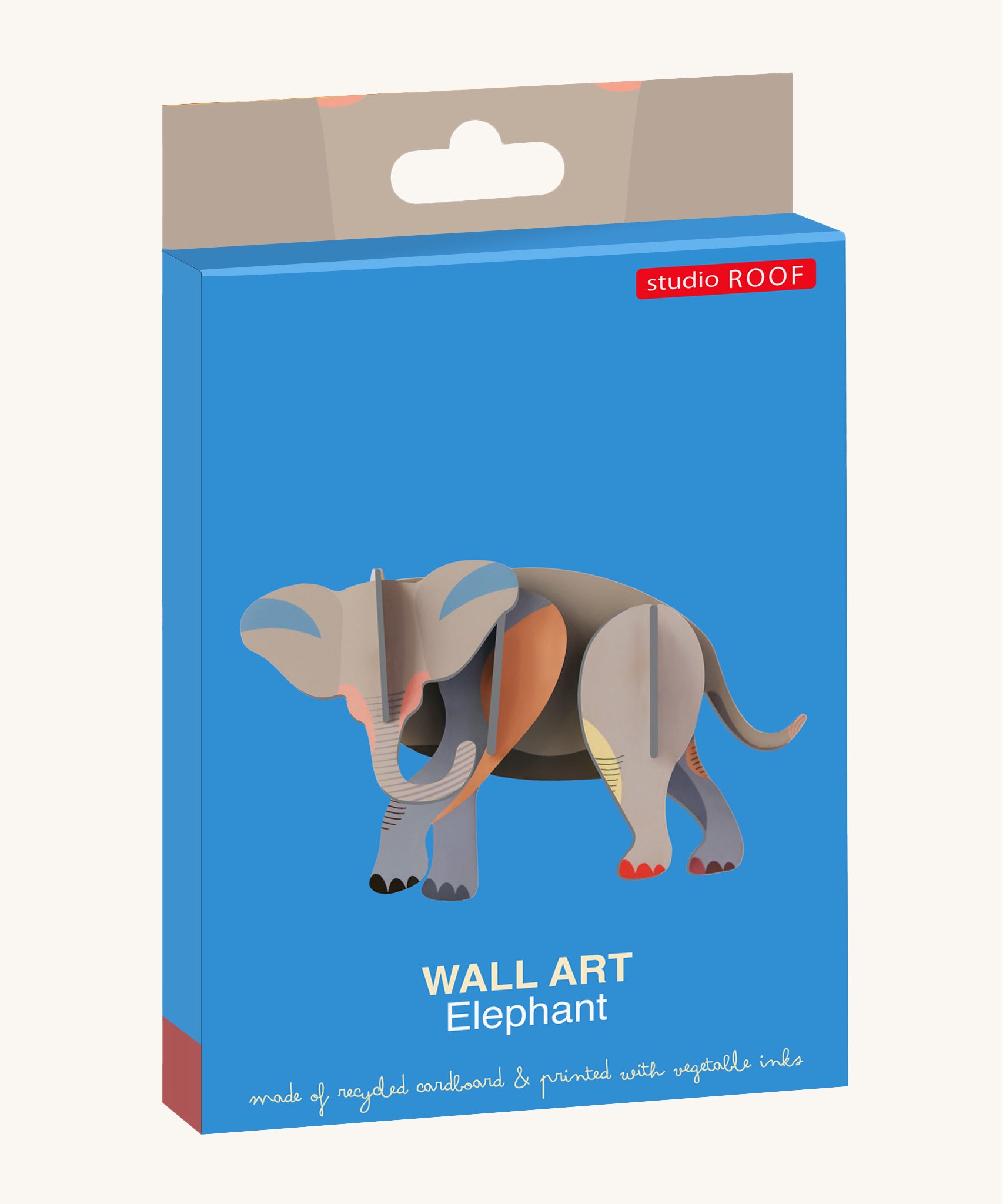 Studio Roof Elephant - 3D Cardboard Model in its bright packaging.