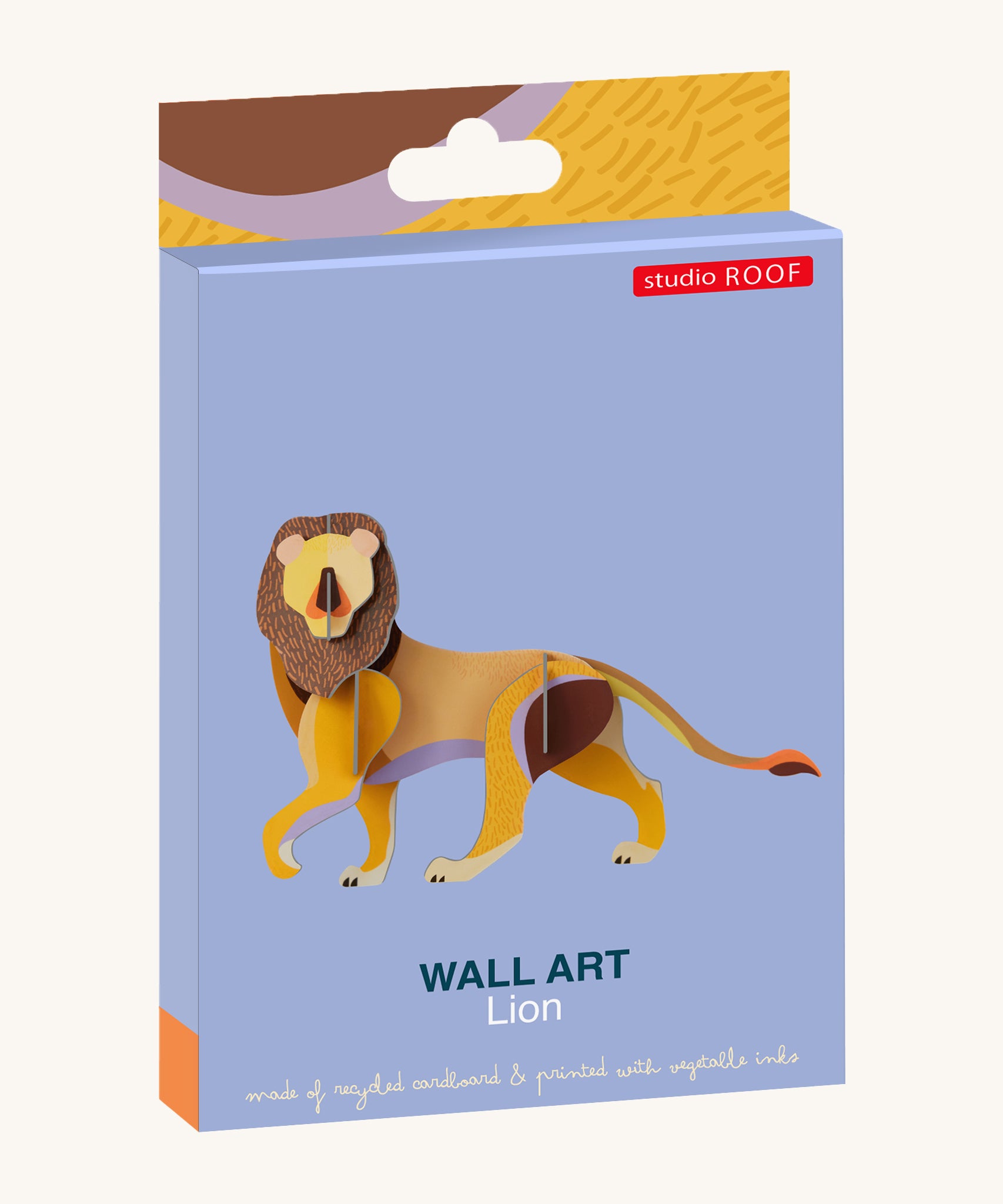 Studio Roof Lion - 3D Cardboard Model in its vibrant packaging.