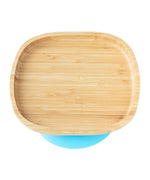Eco Rascals Rectangle Bamboo Suction Plate, a natural bamboo baby weaning plate with blue silicone suction base.