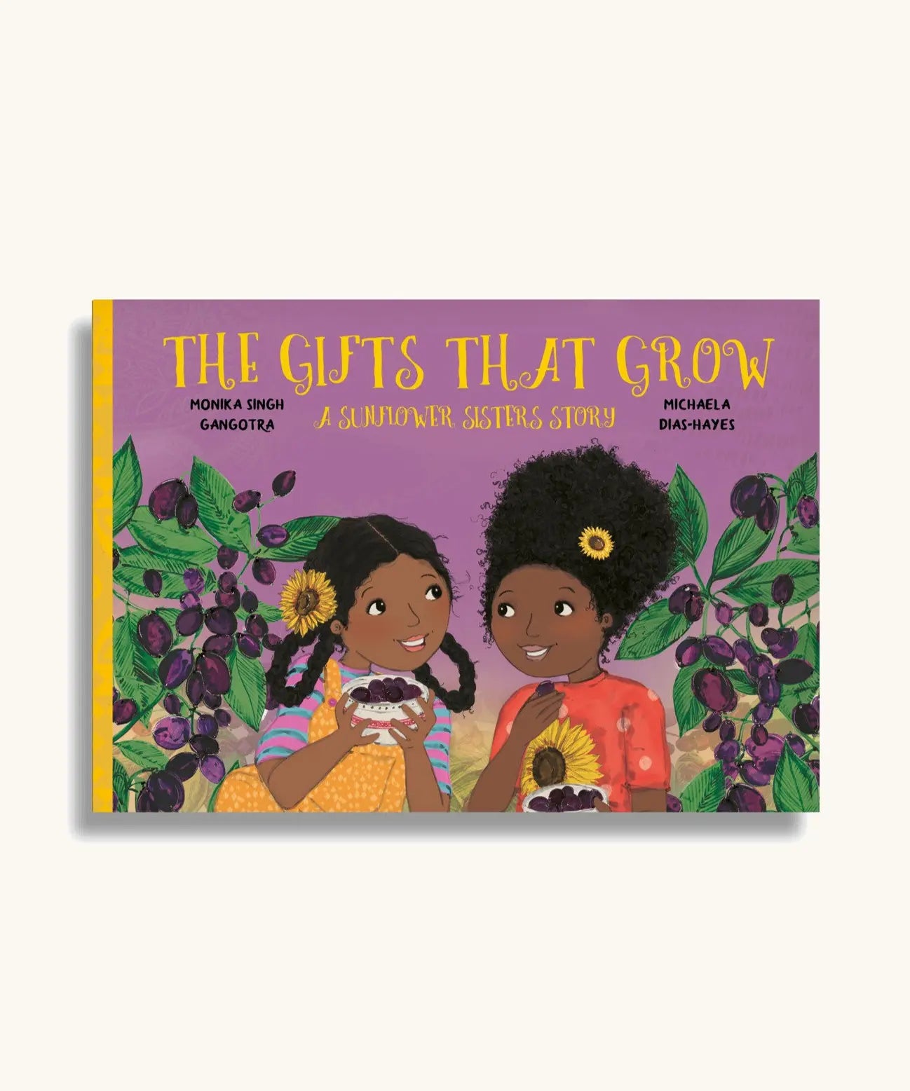 Children's book The Gifts That Grow written by Monika Singh Gangotra and illustrated by Michaela Dias-Hayes, cover pictures two girls holding bowls of Jamuns next two Jamun trees.