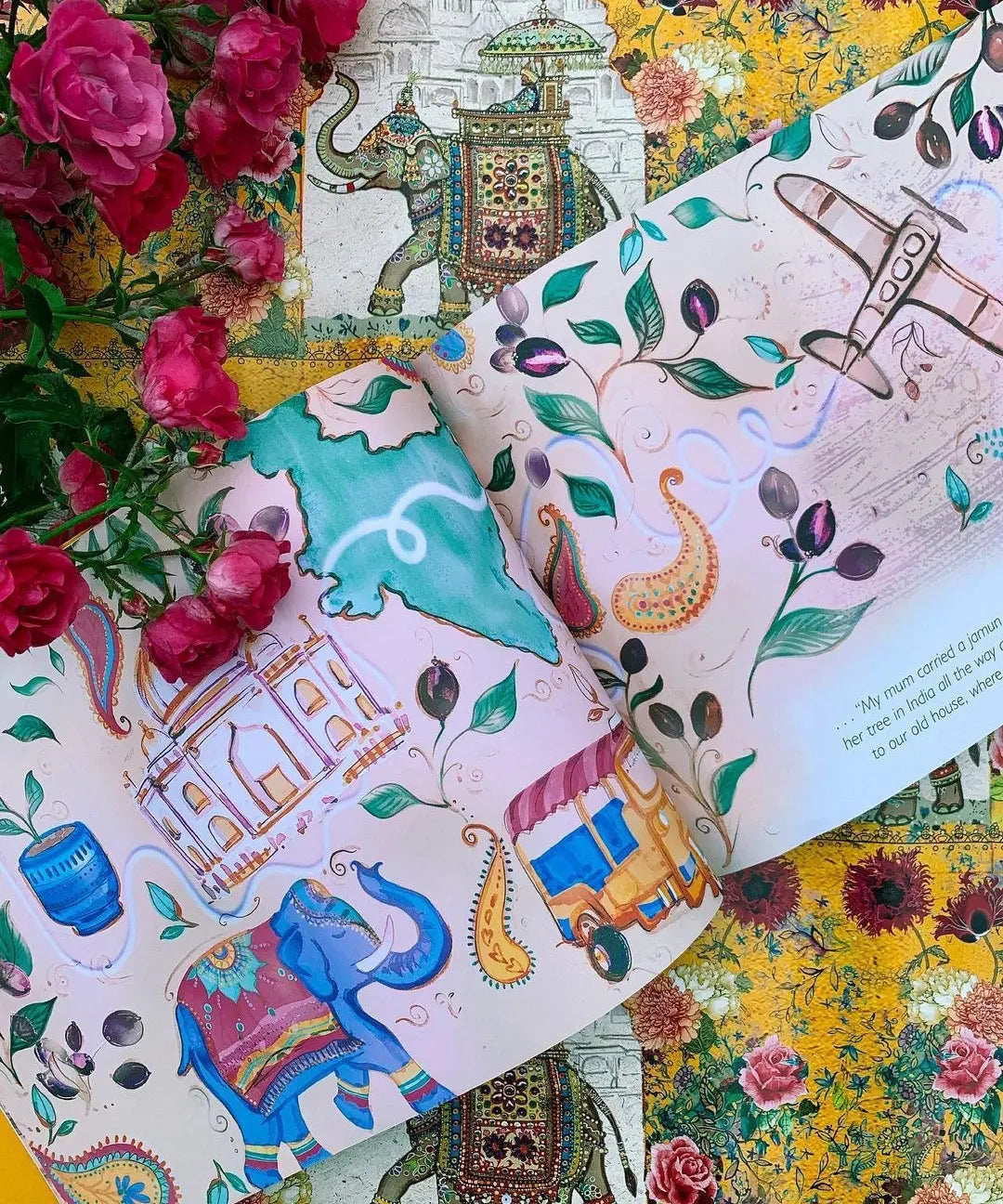 The Gifts That Grow children's book written by Monika Singh Gangotra and illustrated by Michaela Dias-Hayes, open page showing Indian elephant artwork.