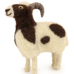A fully made Jacob Sheep Needle Felt craft, in cream and brown wool with a brown and cream horns