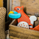 Bajo x Tobe red wooden jumping squirrel toy inside a wooden box 