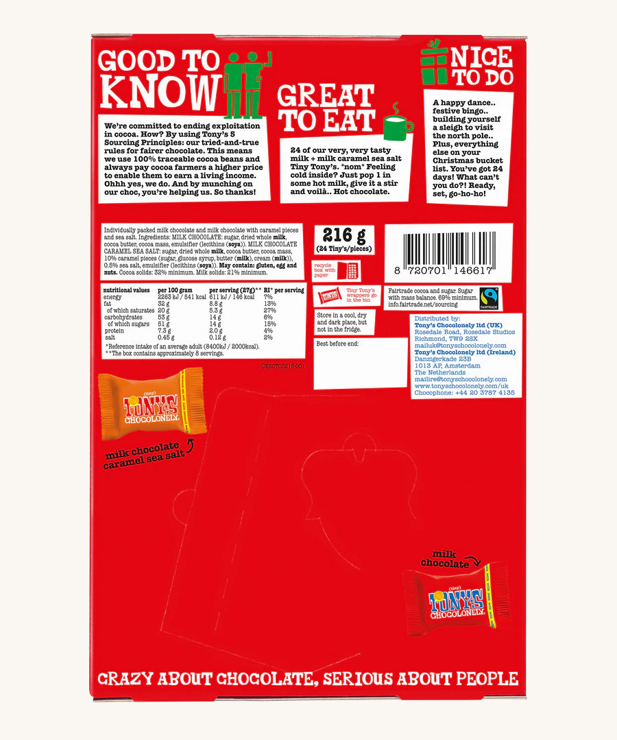 The back of the The front of the Tony's Chocolonely Chocolate Advent Calendar -  Small 216g showing the ingredients, Tony's facts and the Fairtrade Logo, on a cream background