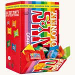 The Tony's Chocolonely 900g box of Mini chocolates, with the bottom open to show where the chocolates are accessed from, on a cream background