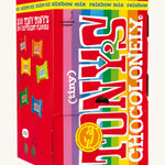 The Tony's Chocolonely 900g box of Mini chocolates, with the bottom closed but showing where the chocolates are accessed, on a cream background