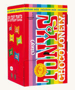 The Tony's Chocolonely 900g box of Mini chocolates, with the bottom closed but showing where the chocolates are accessed, on a cream background