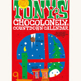 The front of the Tony's Chocolonely Chocolate Advent Calendar - Fairtrade - Small 216g showing the calendar windows ready to open. The image is on a cream background