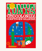 The front of the Tony's Chocolonely Chocolate Advent Calendar - Fairtrade - Small 216g showing the calendar windows ready to open. The image is on a cream background