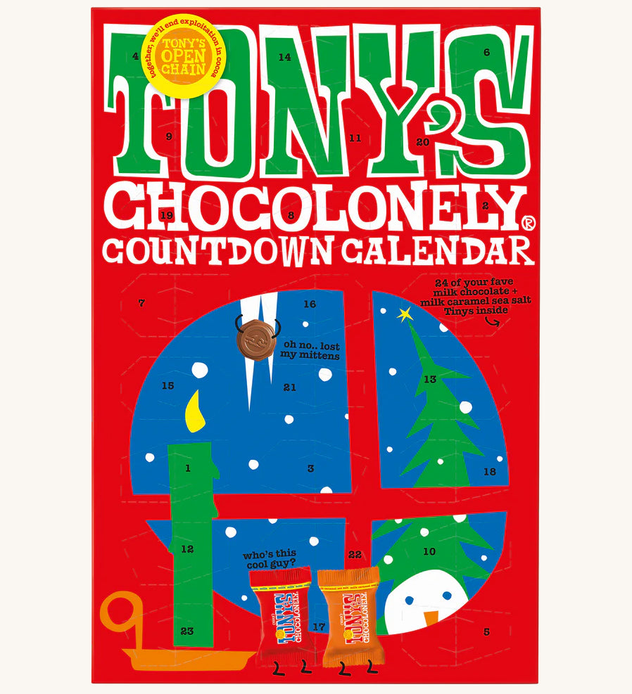 The front of the Tony's Chocolonely Chocolate Advent Calendar - Fairtrade - Small 216g showing the calendar windows ready to open. The image is on a cream background