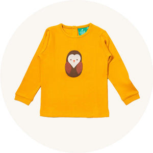 Little Green Radicals Applique Long Sleeve Organic Cotton Top in yellow with Brown Owl applique to represent tops and t-shirts for sale at Babipur.
