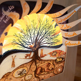 A close up of the Toverlux 12 holy nights sonne mond und erde silhouette inside a lamp showing the cut outs with a message. Silhouette and lamp available at Babipur