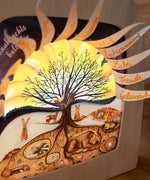 A close up of the Toverlux 12 holy nights sonne mond und erde silhouette inside a lamp showing the cut outs with a message. Silhouette and lamp available at Babipur