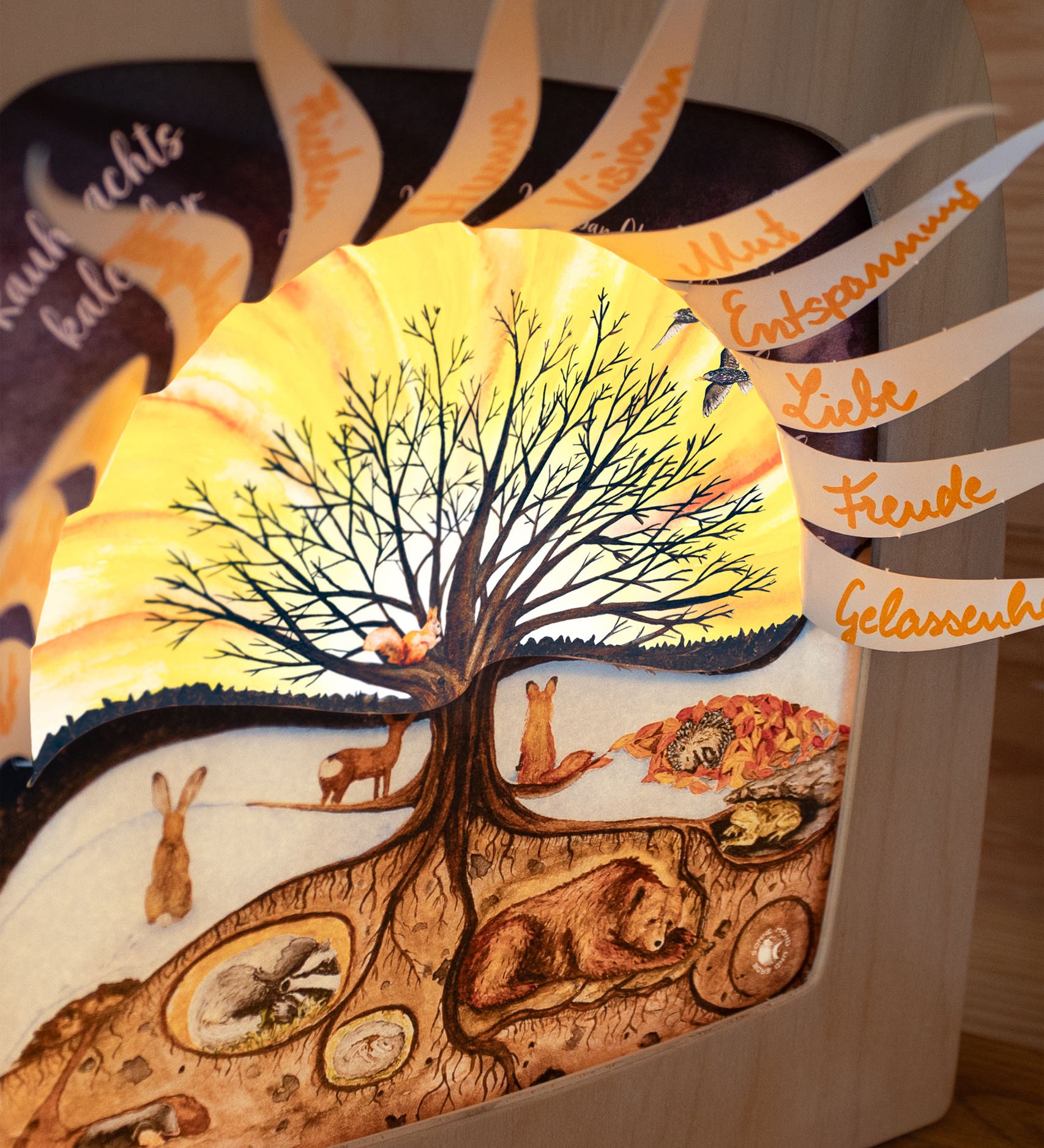 A close up of the Toverlux 12 holy nights sonne mond und erde silhouette inside a lamp showing the cut outs with a message. Silhouette and lamp available at Babipur