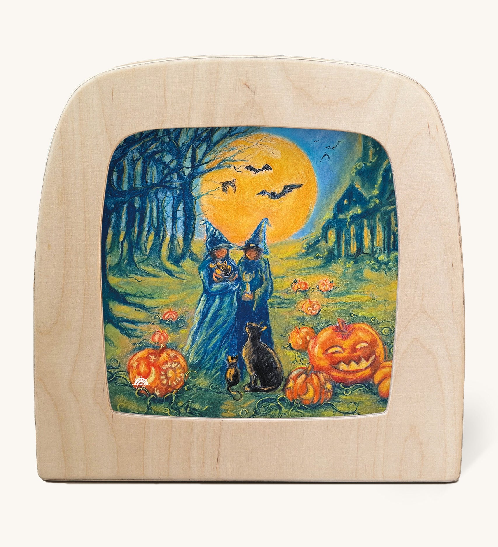 Toverlux Kapitein Kalk - All hallows silhouette. A beautiful illustration featuring a pastel style of witches standing next to black cats and carved pumpkins under a spooky moonlit sky. This silhouette is available at Babipur 