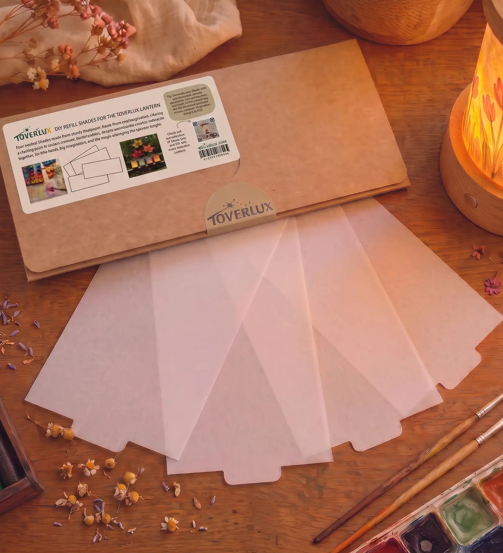 Toverlux lantern night light DIY set, 4 blank sheet inserts to personalise with watercolour paints and crayons.