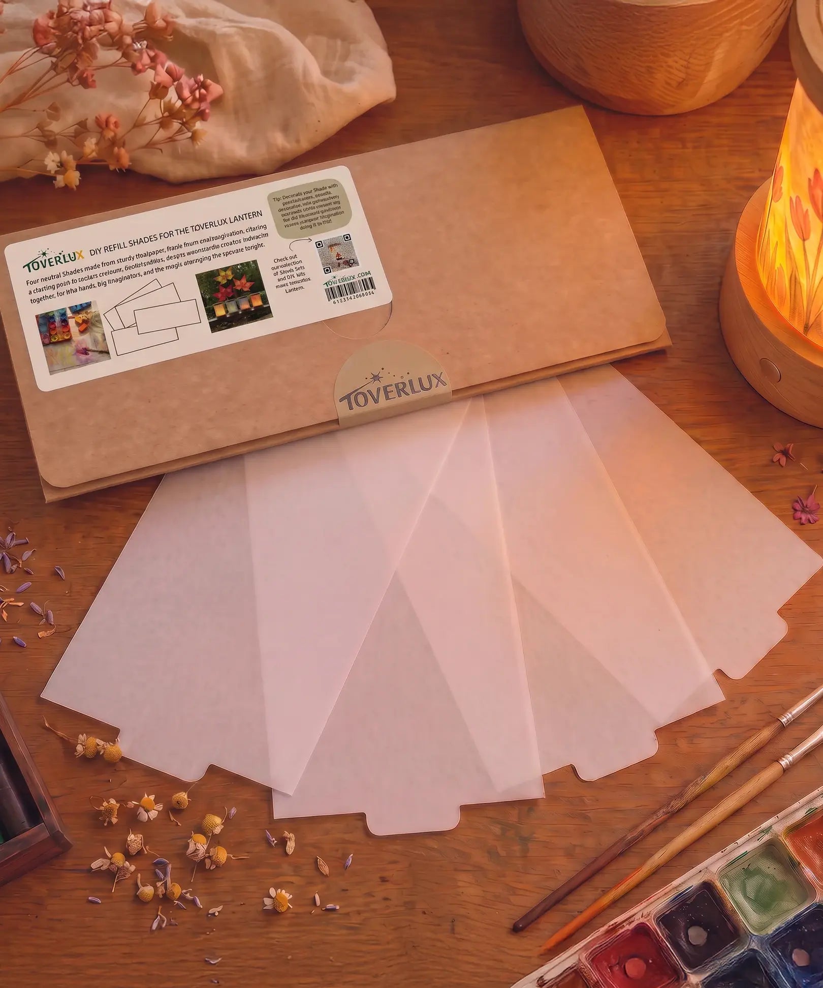 Toverlux lantern night light DIY set, 4 blank sheet inserts to personalise with watercolour paints and crayons.