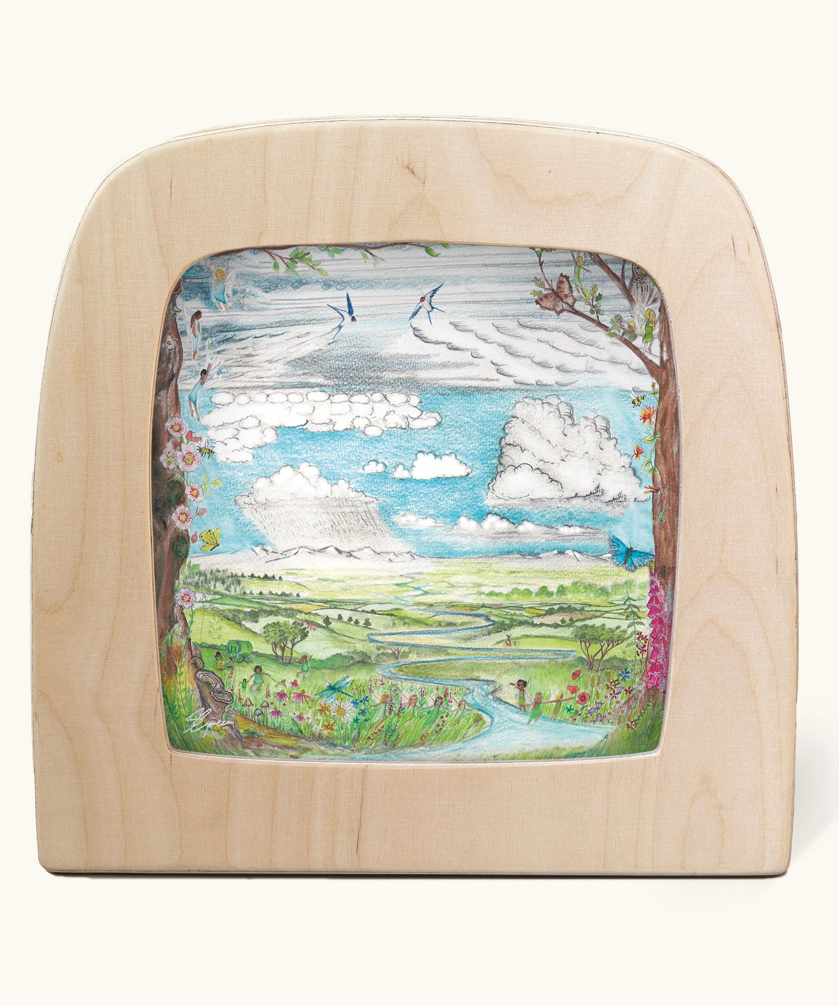 Toverlux Edulux watercycles silhouette featuring Stephanie Green's Clouds artwork. The silhouette is shown in a wooden frame. 