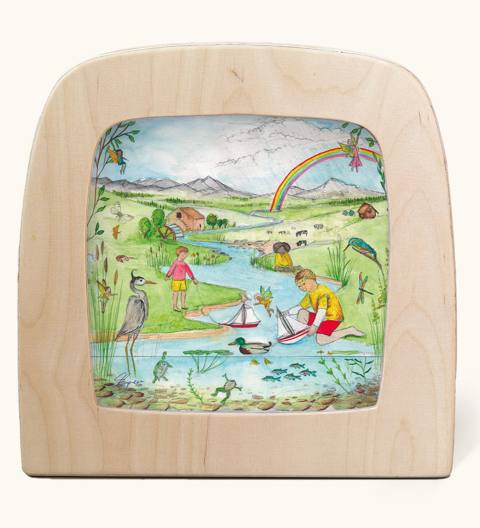 Toverlux Edulux watercycles silhouette featuring Stephanie Green's River artwork. The silhouette is shown in a wooden frame. 