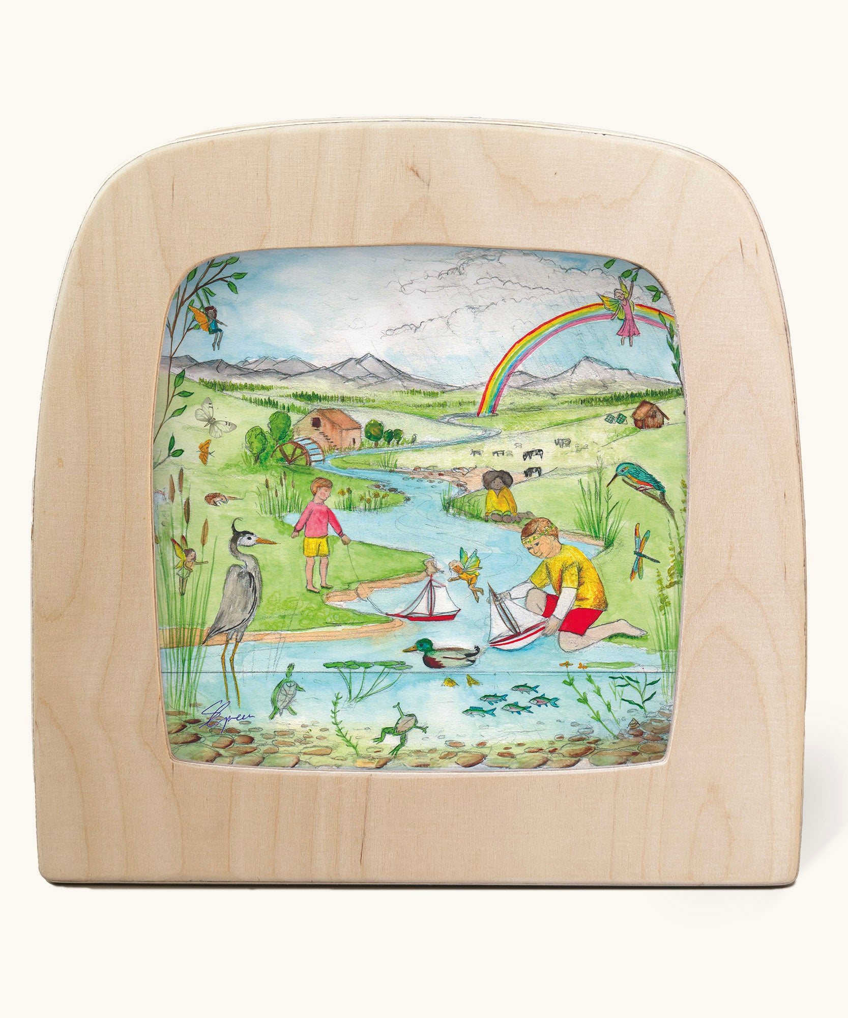 Toverlux Edulux watercycles silhouette featuring Stephanie Green's River artwork. The silhouette is shown in a wooden frame. 
