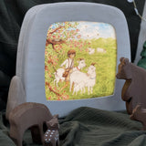The Toverlux Magic Lamp with an illustration inside by Eentje Van Margo called Little Goat Herder. Looking at the Magic lamp are wooden, toy woodland animals with everything stood on green fabric and a green fabric background