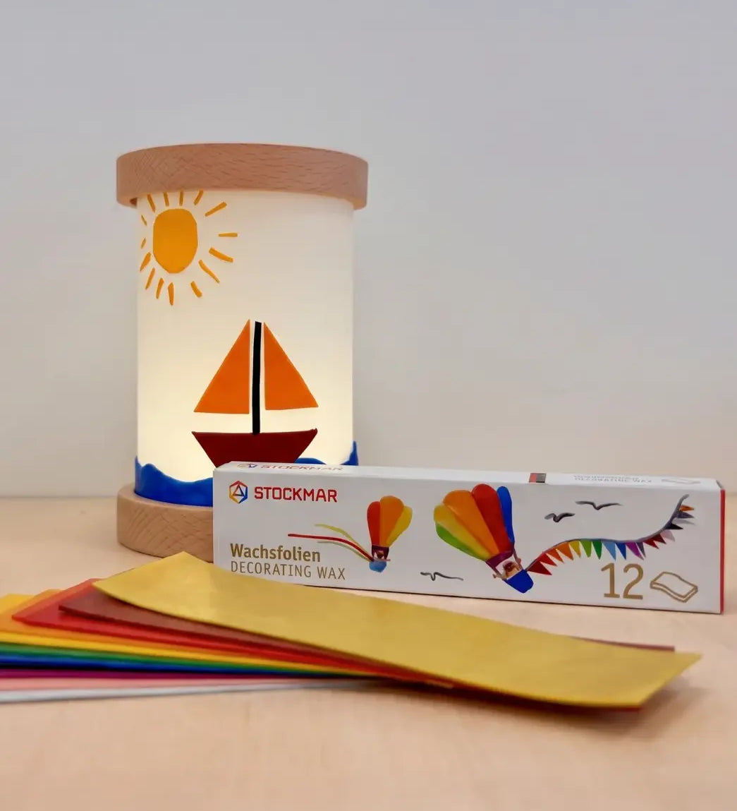 Toverlux lantern shade craft kit with Stockmar beeswax foils in 12 rainbow colours.