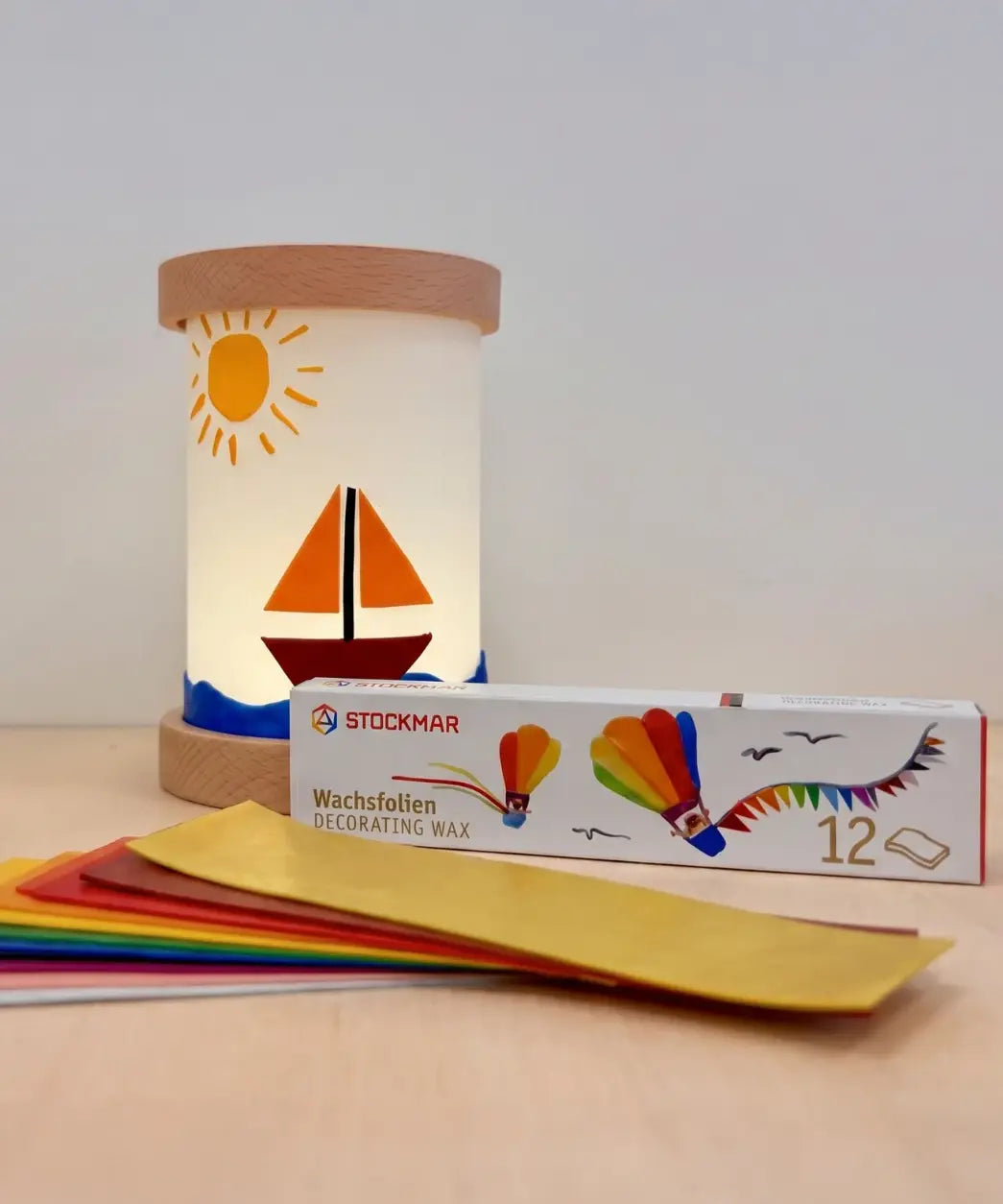 Toverlux lantern shade craft kit with Stockmar beeswax foils in 12 rainbow colours.
