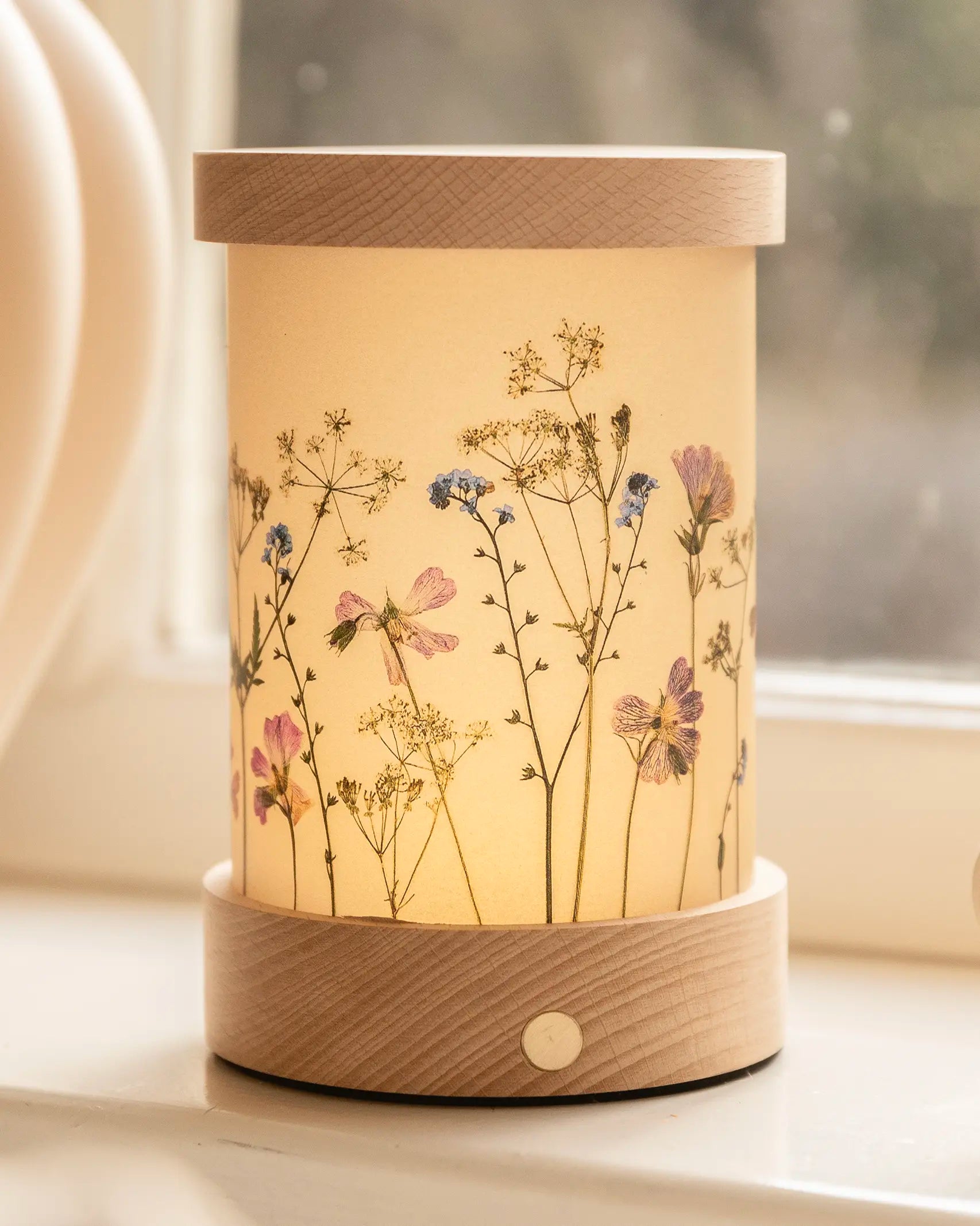 Toverlux Wooden Lantern night light with artwork you can switch out, re-chargeable non-wired wooden base.