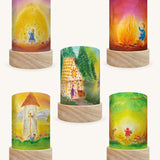 Set of 5 Toverlux Lantern Shades by Bauke Exler, chalk pastel illustrations of fairy tales including Rapunzel, Red Riding Hood, Hansel and Grettle, Rumpelstiltskin and Sleeping Beauty.