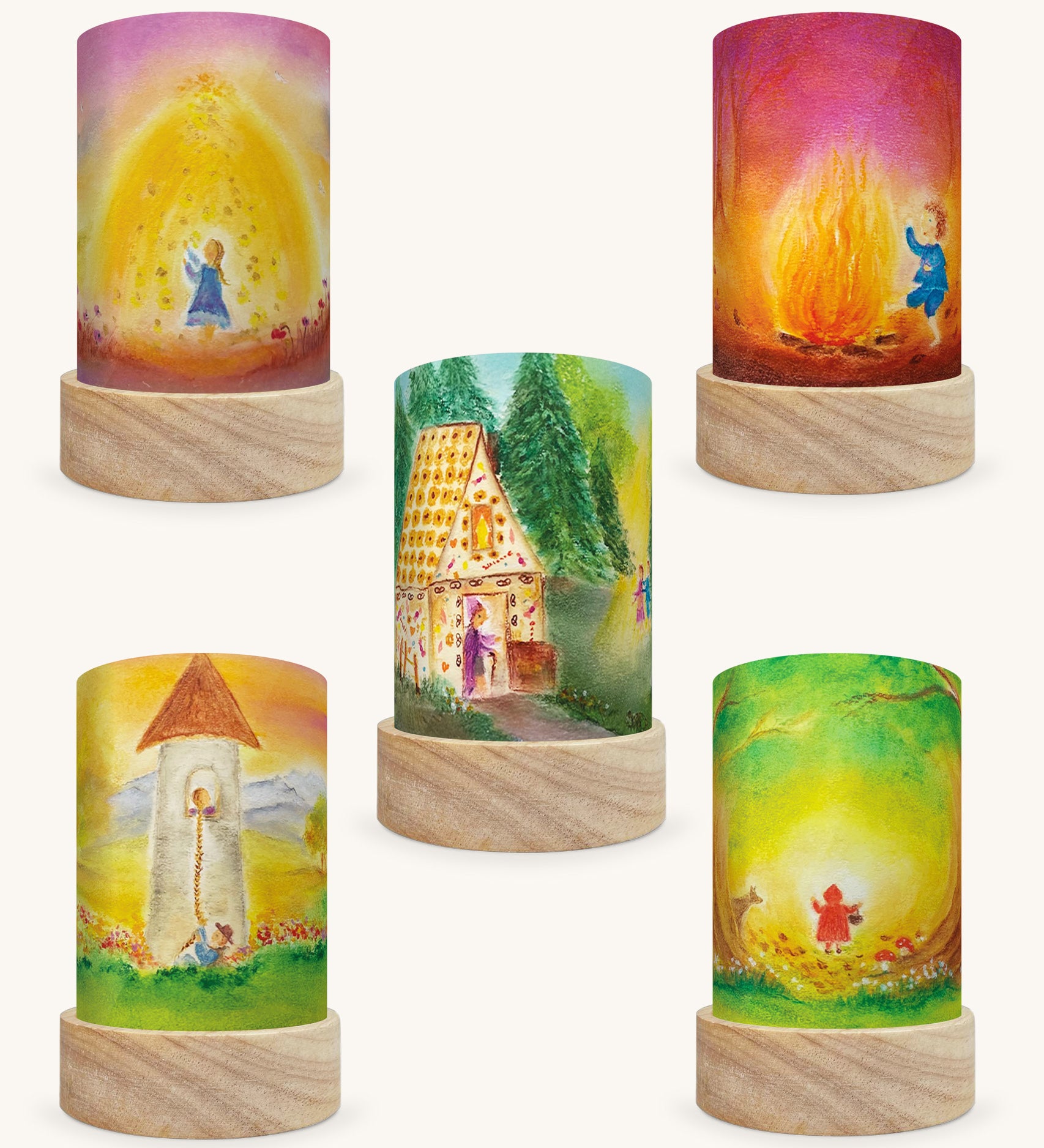 Set of 5 Toverlux Lantern Shades by Bauke Exler, chalk pastel illustrations of fairy tales including Rapunzel, Red Riding Hood, Hansel and Grettle, Rumpelstiltskin and Sleeping Beauty.