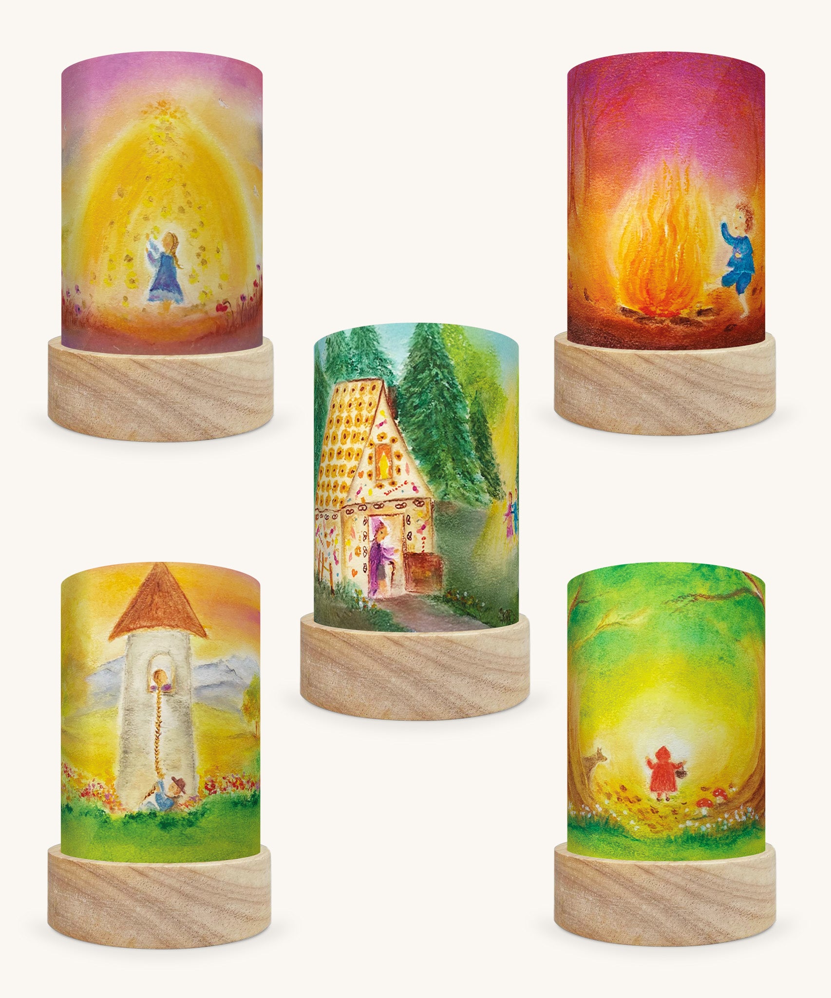 Set of 5 Toverlux Lantern Shades by Bauke Exler, chalk pastel illustrations of fairy tales including Rapunzel, Red Riding Hood, Hansel and Grettle, Rumpelstiltskin and Sleeping Beauty.