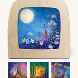 Toverlux StoryLux Silhouette Set for magic lamp showing 4 scenes from Daniela Drescher's Little Fairy Can't Sleep children's book, sold at Babipur.
