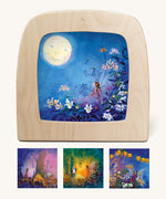 Toverlux StoryLux Silhouette Set for magic lamp showing 4 scenes from Daniela Drescher's Little Fairy Can't Sleep children's book, sold at Babipur.