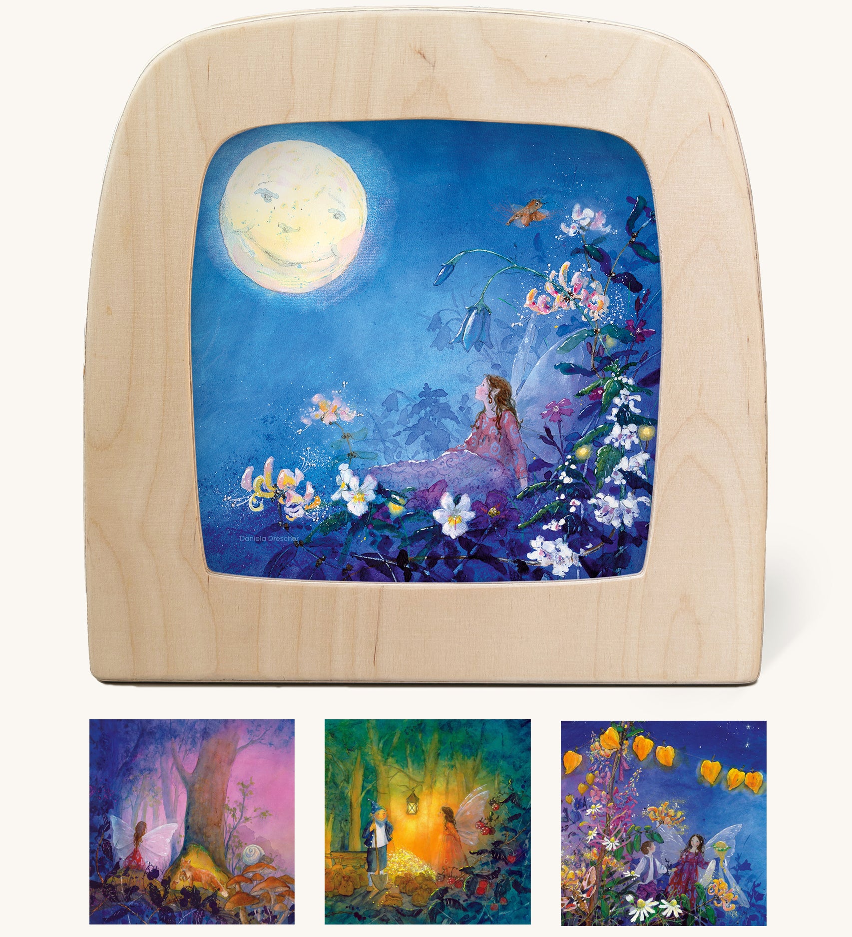 Toverlux StoryLux Silhouette Set for magic lamp showing 4 scenes from Daniela Drescher's Little Fairy Can't Sleep children's book, sold at Babipur.