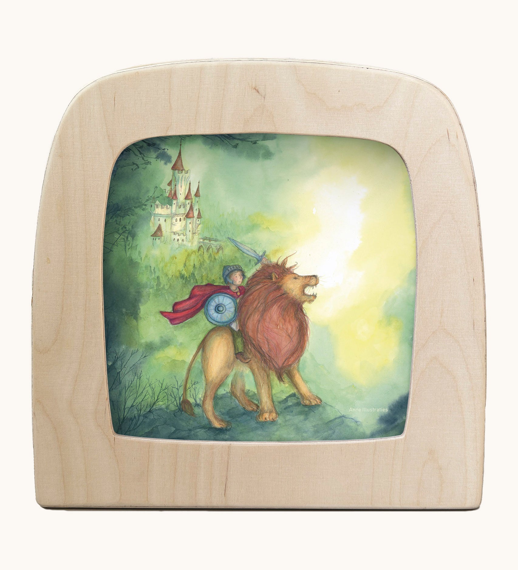 Toverlux Knight silhouette by Anne illustrates that fit in a wooden magic lamp. Shows pencil style of a boy riding a lion and castle in the background