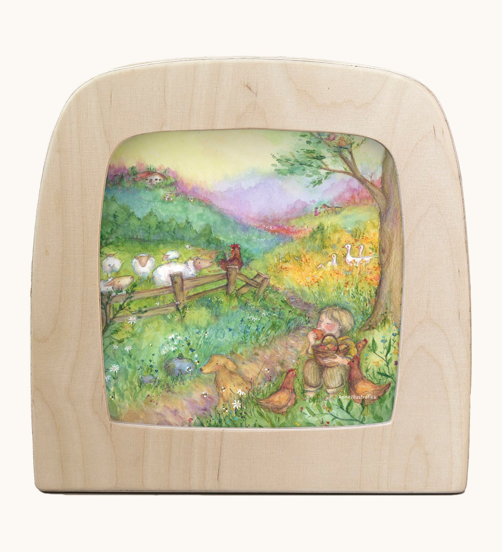 Toverlux farm life silhouette by Anne illustrates that fit in a wooden magic lamp. Shows watercolour style of farm scene