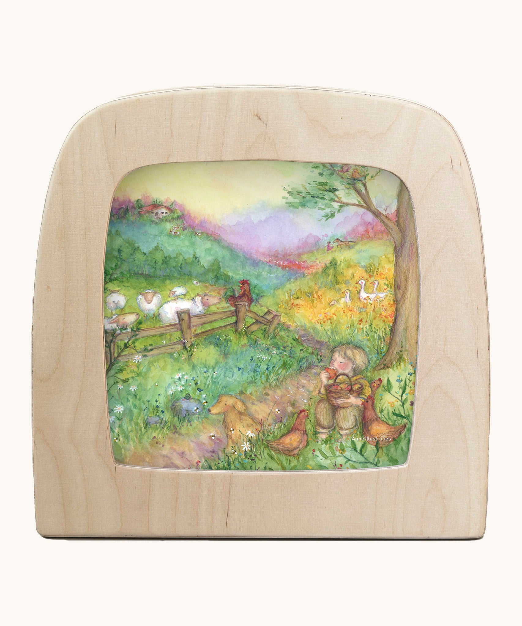 Toverlux farm life silhouette by Anne illustrates that fit in a wooden magic lamp. Shows watercolour style of farm scene