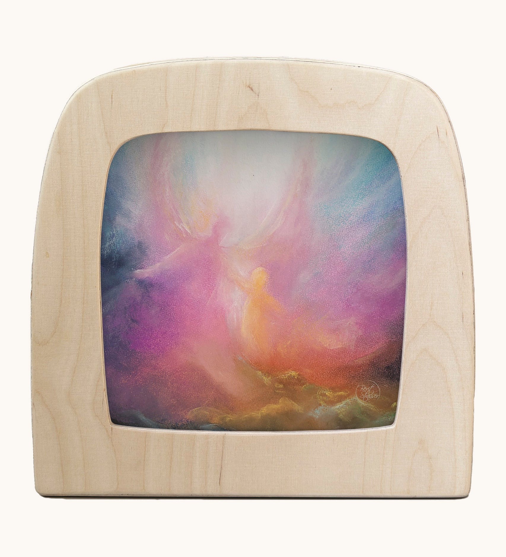 Toverlux emberfall silhouette by Berit Strasser a oil pastel style of 2 angels in the sky. Shows silhouette in a wooden frame