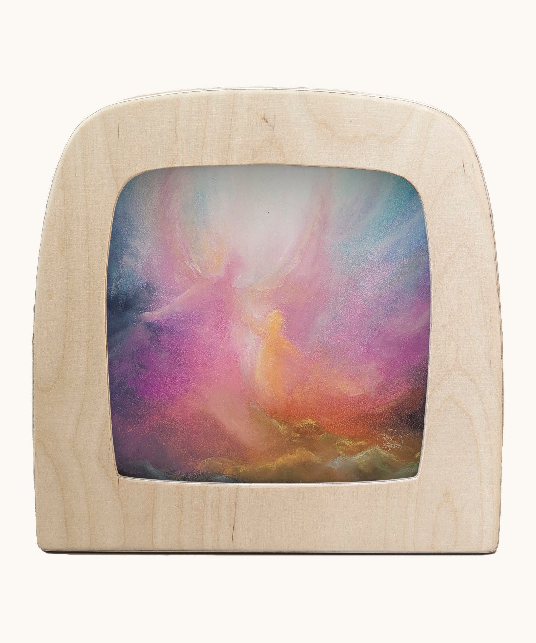 Toverlux emberfall silhouette by Berit Strasser a oil pastel style of 2 angels in the sky. Shows silhouette in a wooden frame