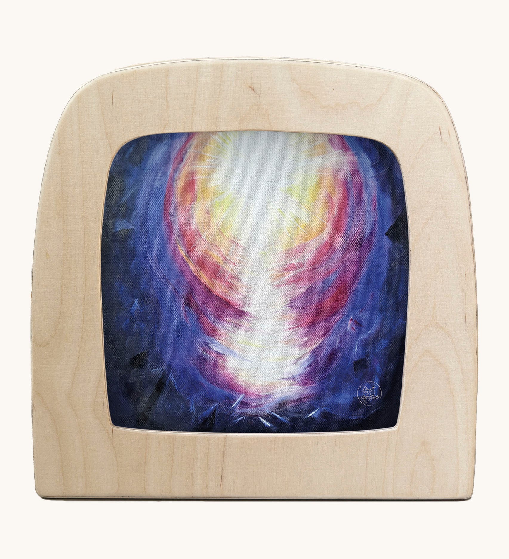 Toverlux hope silhouette by Berit Strasser a oil pastel style of abright light in dark sky. Shows silhouette in a wooden frame